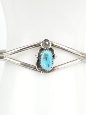Vintage Navajo Sterling Silver Kingman Turquoise Flower Cuff Bracelet